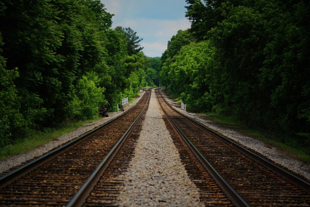 Long perspective of railroad tracks lined by dense green forest under clear sky.